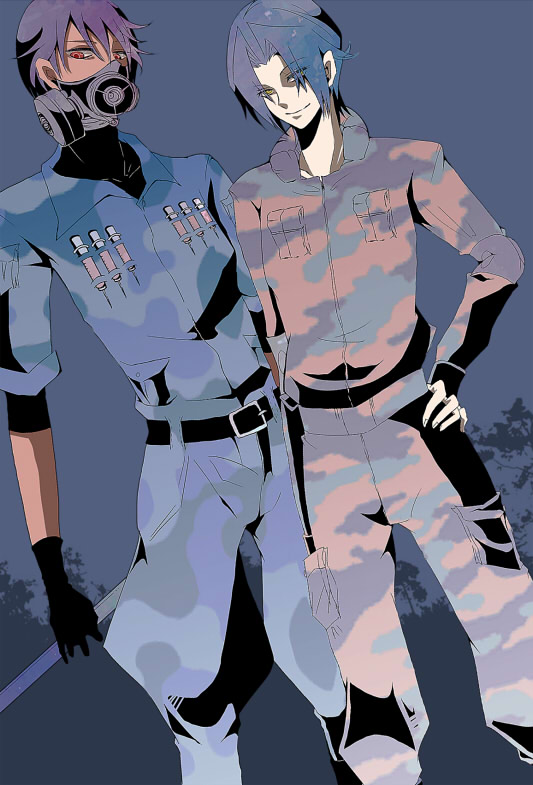 2boys, amagi_miroku, aoi_yusaka, axis_powers_hetalia, blue_hair, gas_mask, mask, multiple_boys, needle, northern_italy_(hetalia), psyren, purple_hair, short_hair