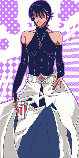 1boy, aoi_yusaka, bodysuit, brown_eyes, jewelry, male_focus, necklace, needle