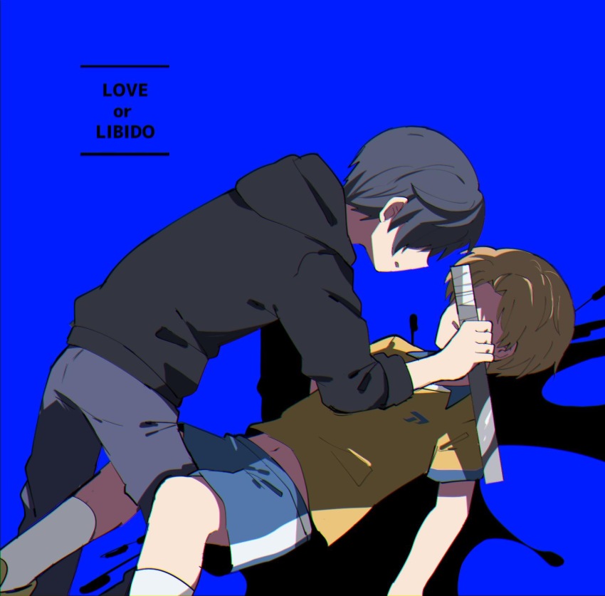 2boys, black_hair, black_jacket, blue_background, blue_shorts, english_text, grey_pants, highres, hood, hood_down, jacket, jinnai_enta, kuji_toi, male_focus, midriff_peek, multiple_boys, okome_hanken, pants, parted_lips, ruler, sarazanmai, shirt, short_hair, shorts, soccer_uniform, splatter, sportswear, yaoi, yellow_shirt