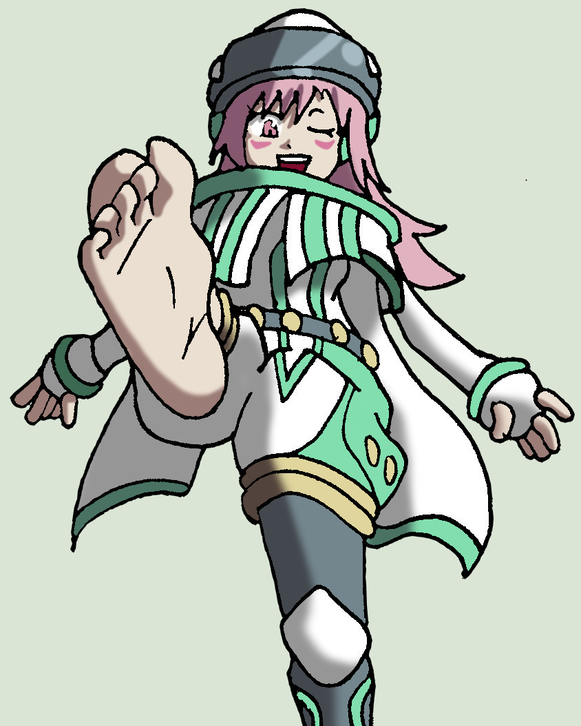 1girl, barefoot, belt, blush_stickers, cape, cloak, feet, foot_focus
