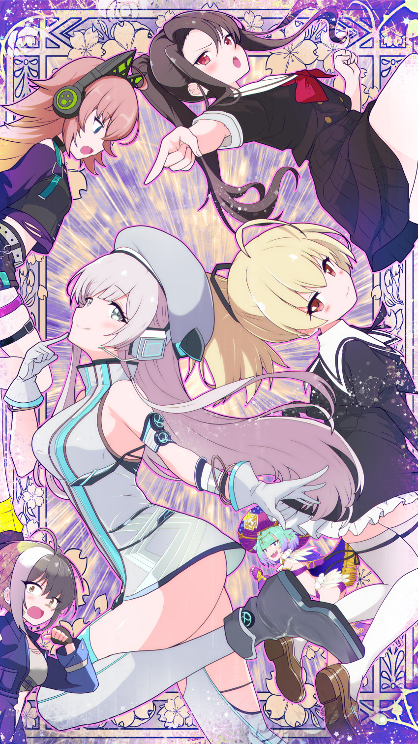 6+girls, absurdres, ahoge, akikaze_rui, ando_tazusa, animal_ear_headphones, animal_ears, ankle_boots