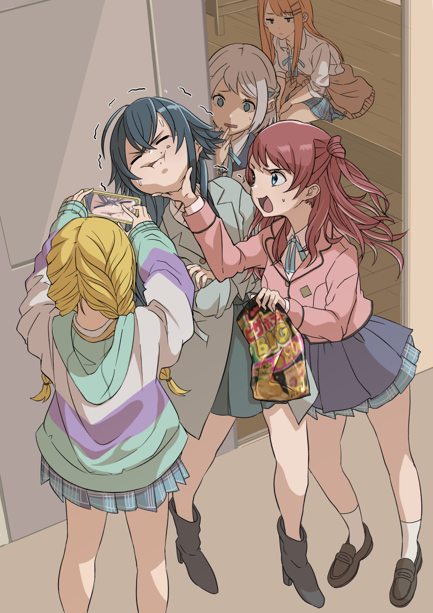 5girls, :i, absurdres, ahoge, blazer, blue_ribbon, blue_skirt, braid