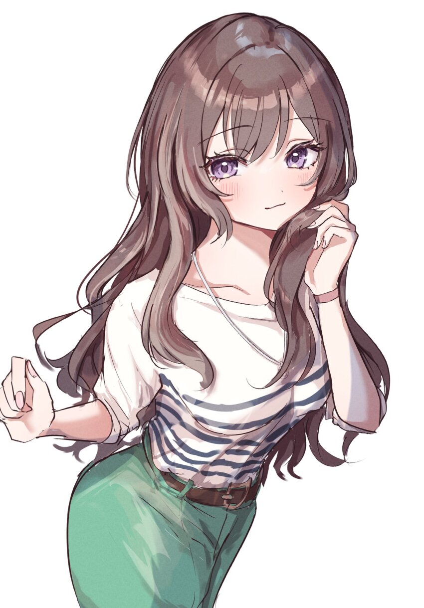 1girl, alternate_hair_length, alternate_hairstyle, belt, blush, breasts, brown_hair, collarbone