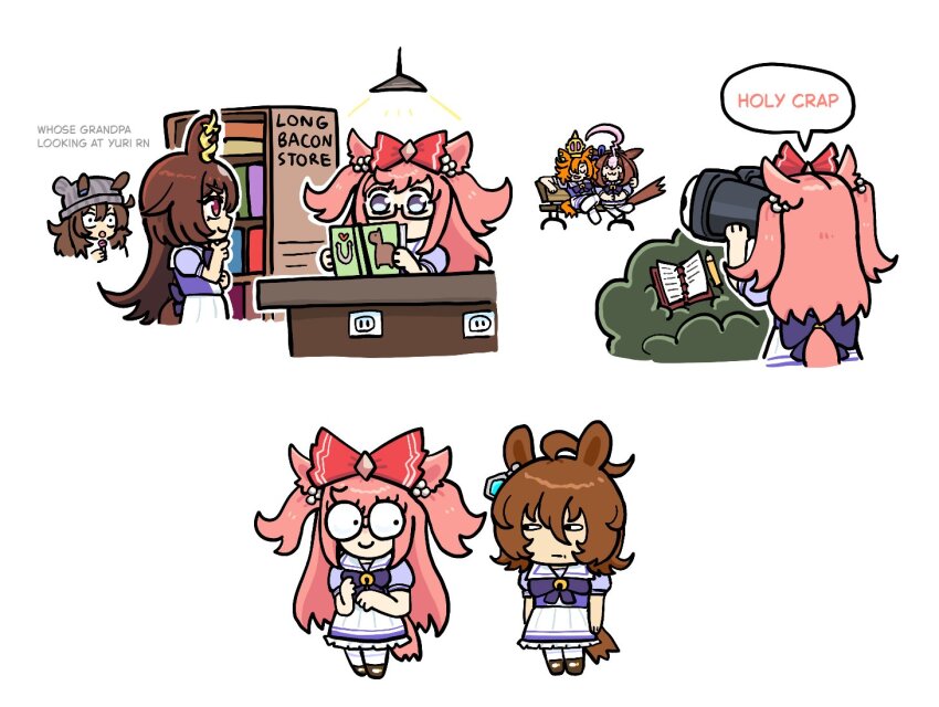 6+girls, agnes_digital_(umamusume), agnes_tachyon_(umamusume), ahoge, animal_ears, arm_around_neck, back_bow, bare_arms