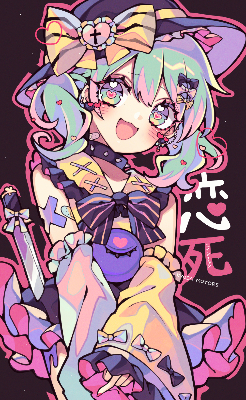 1girl, :d, alternate_costume, bandaid, bare_shoulders, black_bow, black_bowtie, black_hat