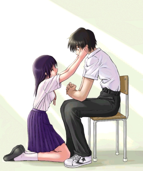 1boy, 1girl, black_hair, black_pants, black_shoes, chair, commentary_request, full_body