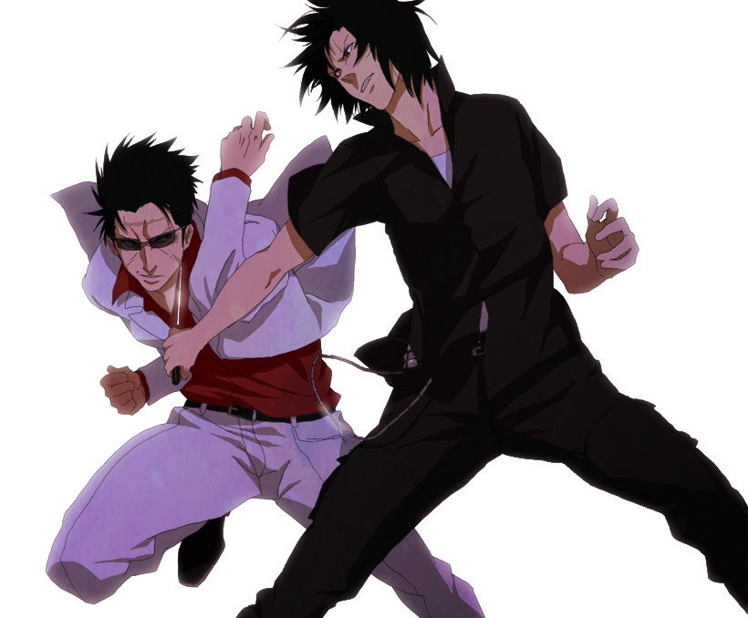 2boys, black_hair, fighting, hyodo_kagetora, junas, knife, male_focus, multiple_boys
