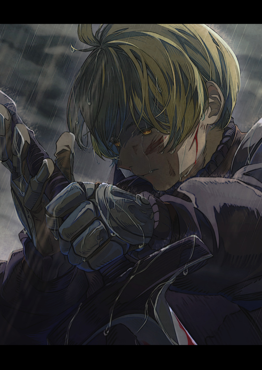 1boy, ahoge, armor, asutero92, bleeding, blonde_hair, blood, cloud
