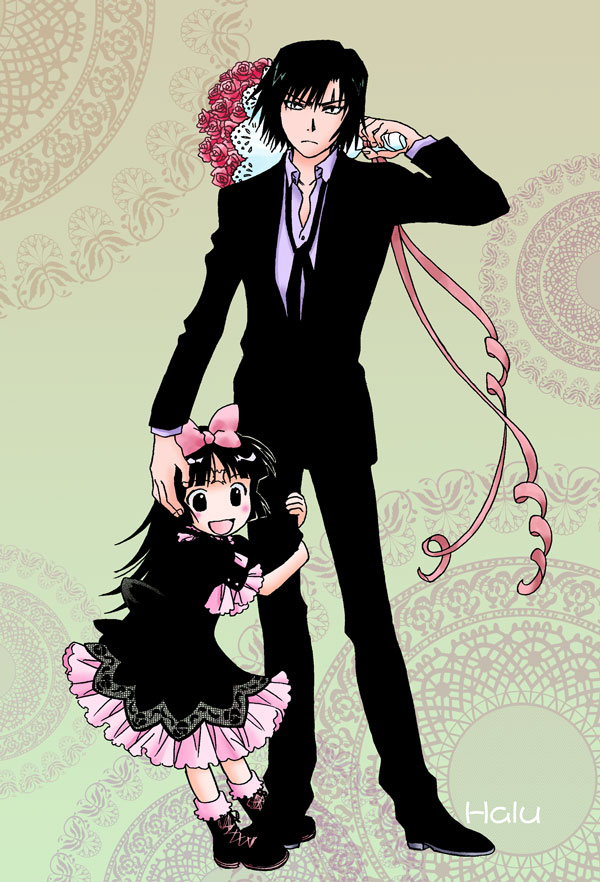 1boy, 1girl, baorai, black_hair, blush, child, dress, flower