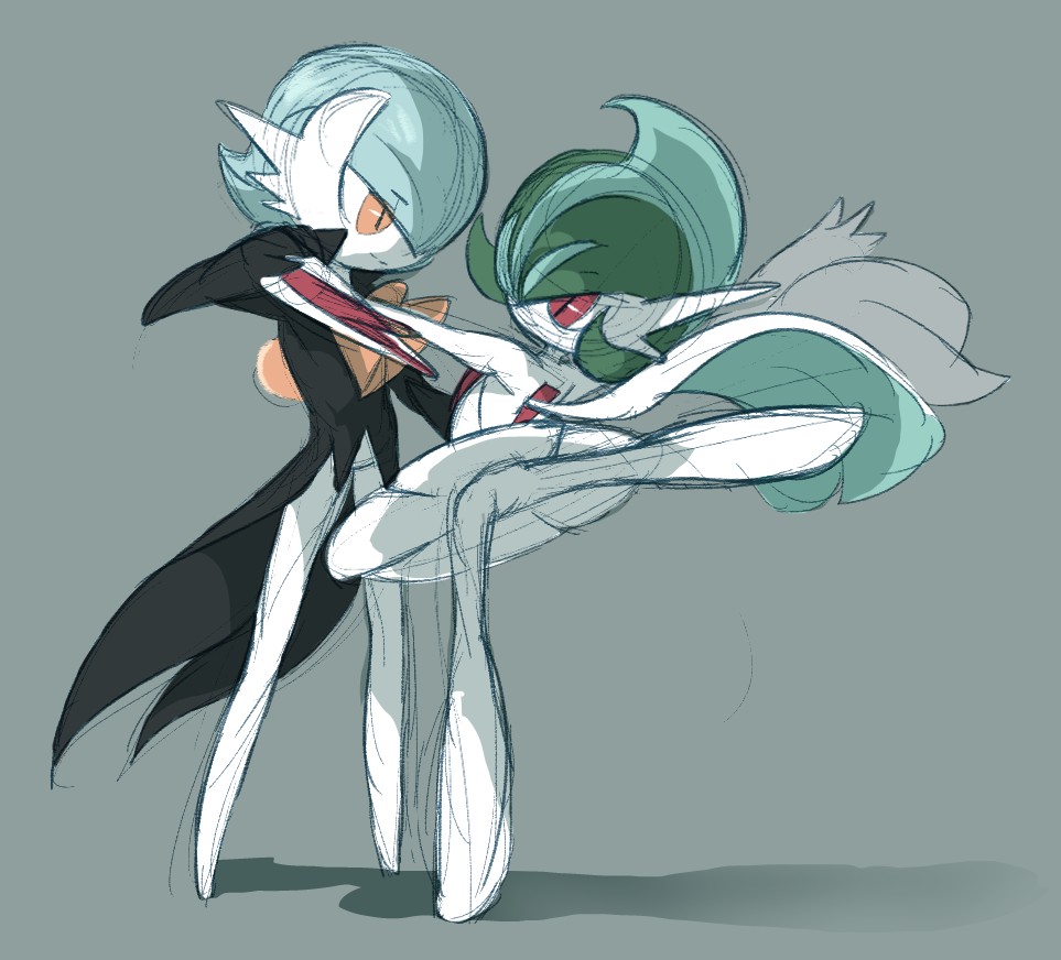 1boy, 1girl, alternate_color, alternate_costume, alternate_design, alternate_hairstyle, alternate_universe, arm_warmers, ballet, black_arm_warmers, black_coat, blue_hair, cape, coat, coattails, colored_skin, dancing, facing_another, gallade, gardevoir, gen_3_pokemon, gen_4_pokemon, genderswap, genderswap_(ftm), genderswap_(mtf), green_hair, grey_background, lampette, leg_up, looking_at_another, mega_gallade, mega_gardevoir, mega_pokemon, mohawk, multicolored_skin, nintendo, outstretched_arm, pokemon, pokemon_(creature), popped_collar, red_eyes, shiny_and_normal, shiny_pokemon, skirt, tailcoat, turning_head, two-tone_skin, unfinished, white_cape, white_skirt