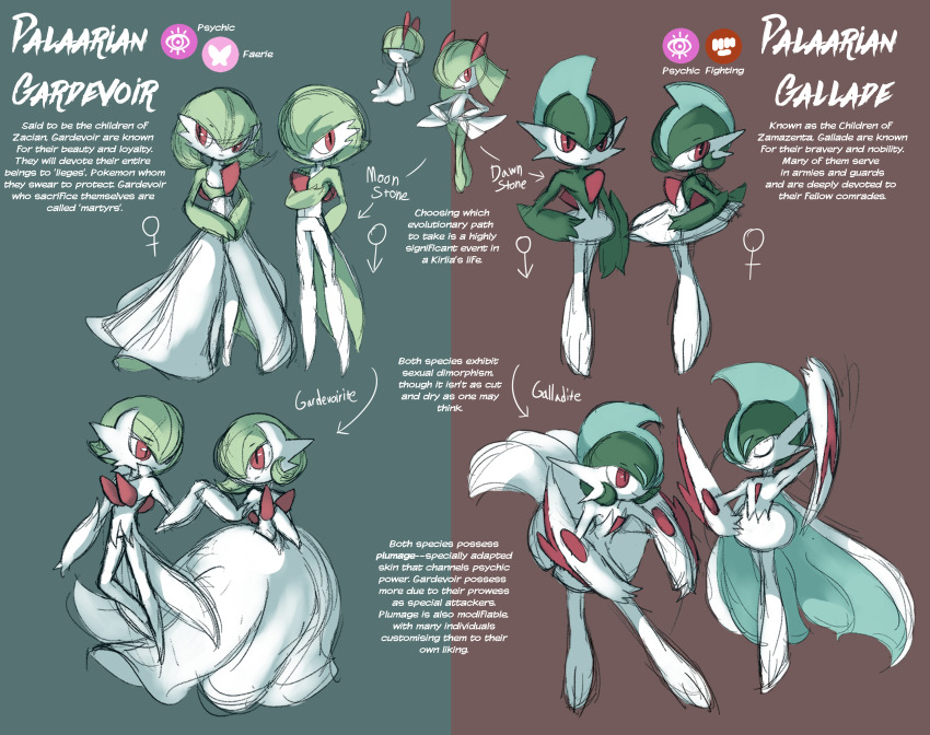 4boys, 4girls, absurdres, alternate_design, alternate_hairstyle, alternate_universe, arm_blade, arm_warmers, bob_cut, cape, character_profile, coat, coattails, colored_skin, dancing, english_text, evolutionary_line, gallade, gardevoir, gen_3_pokemon, gen_4_pokemon, genderswap, genderswap_(ftm), genderswap_(mtf), green_hair, highres, kirlia, lampette, mars_symbol, mega_gallade, mega_gardevoir, mega_pokemon, mohawk, multicolored_skin, multiple_boys, multiple_girls, nintendo, original, pokemon, pokemon_(creature), popped_collar, ralts, red_eyes, reference_sheet, sketch, skirt, tailcoat, two-tone_background, two-tone_skin, venus_symbol, weapon, white_arm_warmers, white_cape, white_coat, white_skirt