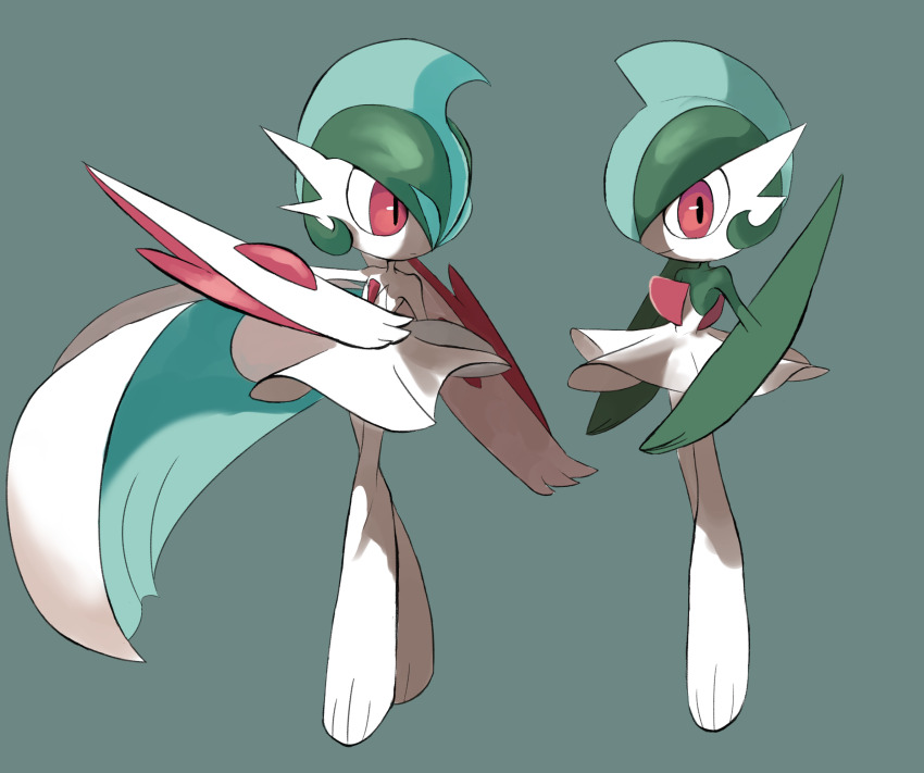 2girls, alternate_design, alternate_hairstyle, alternate_universe, arm_blade, cape, colored_skin, commentary, dress, facing_another, facing_to_the_side, gallade, gen_4_pokemon, genderswap, genderswap_(mtf), green_background, green_hair, highres, lampette, looking_at_another, mega_gallade, mega_pokemon, mohawk, multicolored_skin, multiple_girls, nintendo, pokemon, pokemon_(creature), red_eyes, skirt, turning_head, two-tone_skin, weapon, white_cape, white_dress, white_skirt