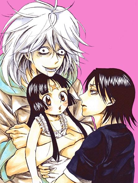 1girl, 2boys, black_hair, child, hug, junas, kise_eiji, long_hair