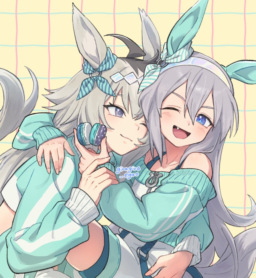 2girls, animal_ears, blue_eyes, blush, closed_mouth, fang, giragira_egao, grey_eyes