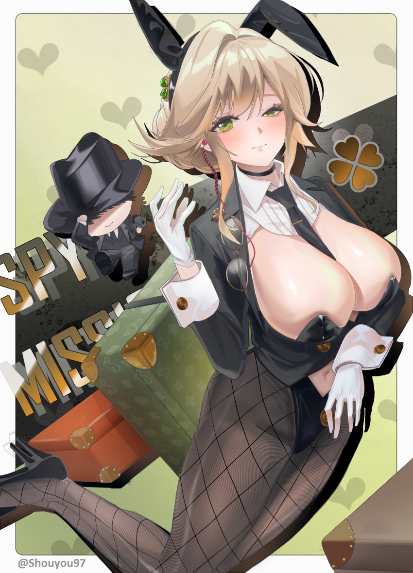 1boy, 1girl, absurdres, ade_(agent_bunny)_(nikke), ade_(nikke), animal_ear_hairband, animal_ears, between_breasts