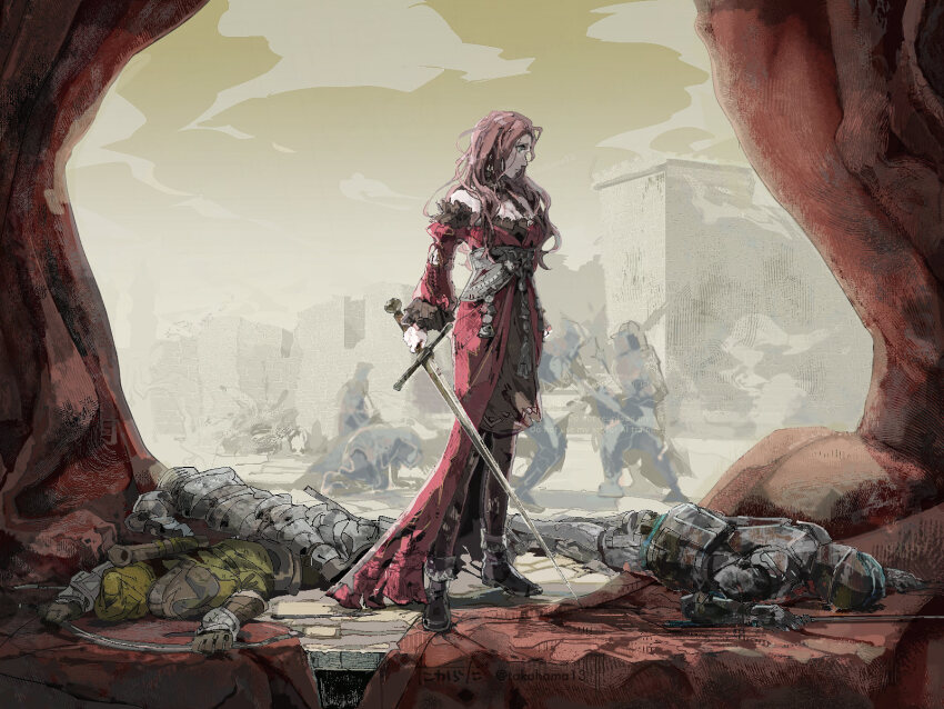 breasts, brown_hair, cleavage, dorothea_arnault, dorothea_arnault_(timeskip), dress, earrings, fire_emblem, fire_emblem:_three_houses, green_eyes, highres, holding, holding_sword, holding_weapon, jewelry, large_breasts, long_hair, nintendo, red_dress, sword, takahama13, weapon