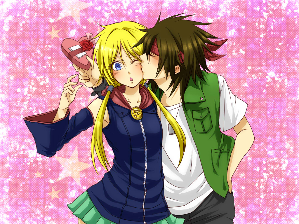 blonde_hair, blue_eyes, blush, brown_hair, kirisaki_kabuto, kiss, psyren, tenjuin_frederica