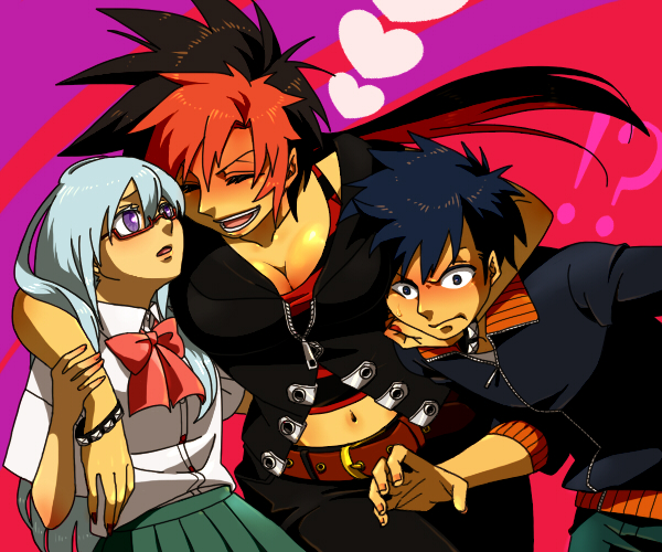 amamiya_sakurako, black_hair, blue_hair, blush, breasts, cleavage, glasses, psyren, purple_eyes, red_hair, school_uniform, smile, yagumo_matsuri, yoshina_ageha