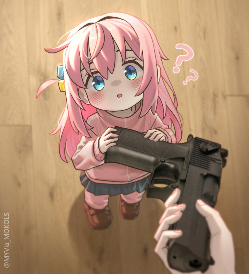 1girl, 1other, :o, ?, ??, adversarial_noise, artist_name, blue_eyes, blurry, blush, bocchi_the_rock!, brown_shoes, chibi, commentary, cube_hair_ornament, desert_eagle, english_commentary, fingernails, from_above, giving, go_do_a_crime_(meme), gotoh_hitori, gun, hair_between_eyes, hair_ornament, handgun, height_difference, highres, holding, holding_gun, holding_gun_barrel, holding_weapon, jacket, loafers, long_hair, long_sleeves, looking_at_viewer, meme, myvia_mokols, one_side_up, open_mouth, pants, photo_background, pink_hair, pink_jacket, pink_pants, pink_track_suit, pov, pov_hands, shadow, shoes, side_ahoge, skirt, track_jacket, track_suit, viewer_holding_weapon, weapon, wooden_floor