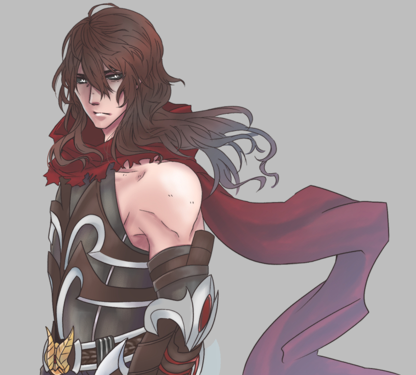 1boy, bare_shoulders, black_gloves, black_sclera, black_shirt, brown_hair, closed_mouth, colored_sclera