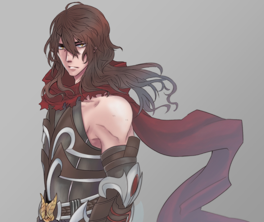 1boy, bare_shoulders, black_gloves, black_shirt, brown_hair, closed_mouth, commentary_request, elbow_gloves