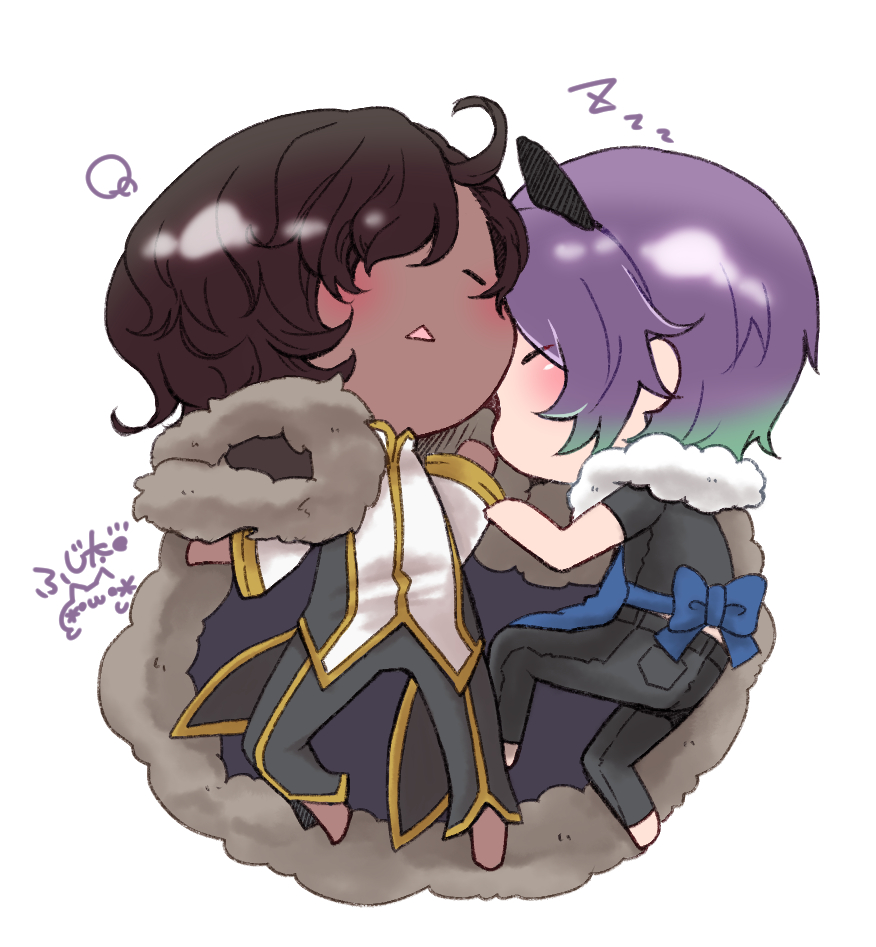 2boys, animal_ears, apron, barefoot, black_cape, black_hair, black_pants, black_shirt