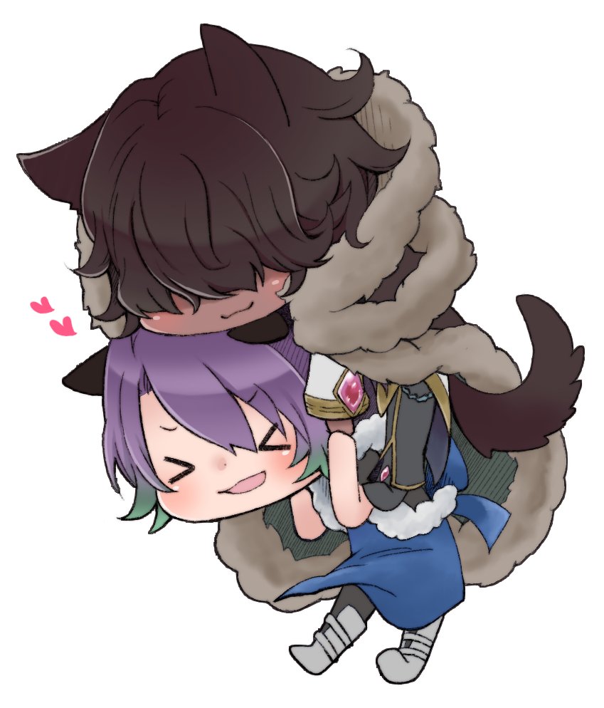 >_<, 2boys, animal_ears, apron, black_cape, black_hair, black_pants, blue_apron