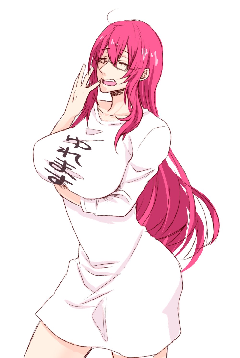 1girl, alternate_costume, arm_under_breasts, black-framed_eyewear, breasts, closed_eyes, clothes_writing, commentary_request, cowboy_shot, fujita_(fuzuneko), glasses, highres, large_breasts, long_hair, open_mouth, oversized_clothes, oversized_shirt, pink_hair, ragnarok_online, shirt, simple_background, solo, sorcerer_(ragnarok_online), very_long_hair, white_background, white_shirt, yawning