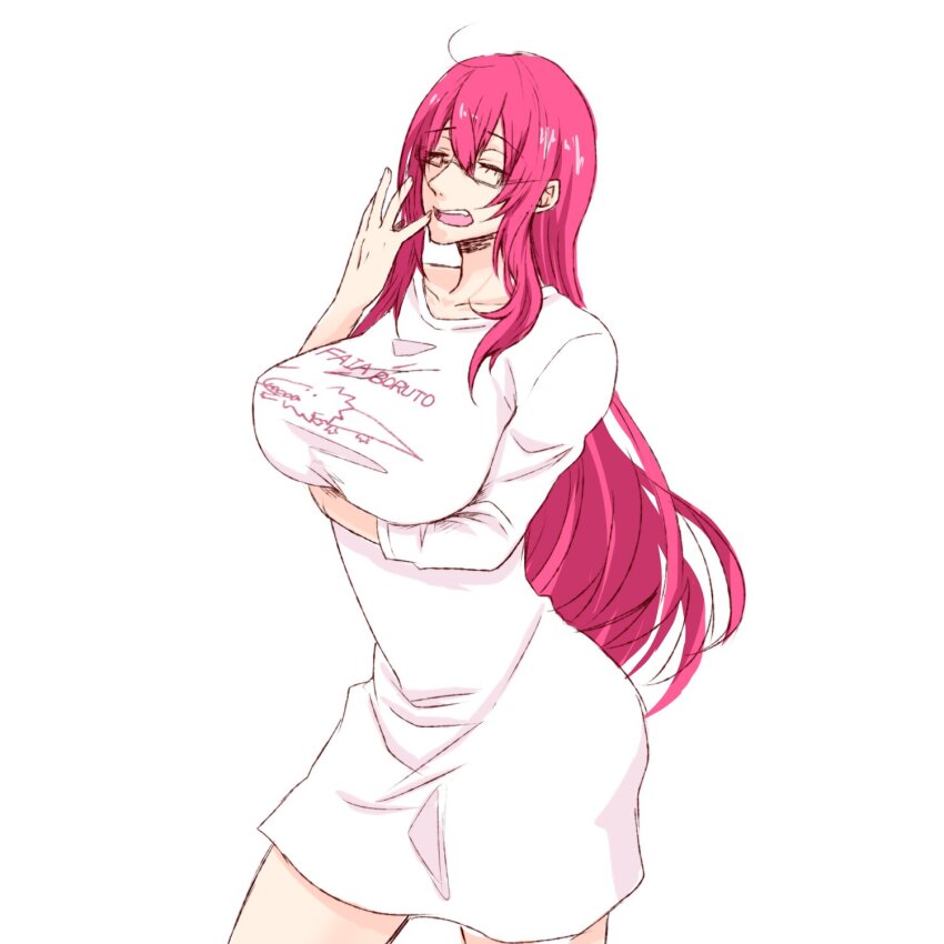 1girl, alternate_costume, arm_under_breasts, black-framed_eyewear, breasts, closed_eyes, clothes_writing, commentary_request