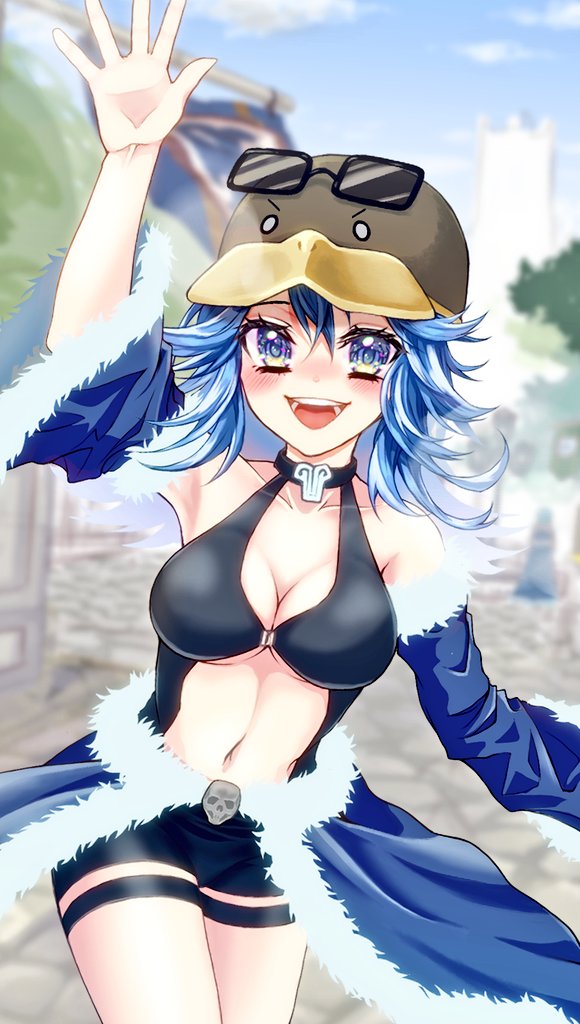 1girl, arm_up, armpits, banner, black_shorts, black_tank_top, blue_cape, blue_eyes, blue_hair, blue_sky, blue_sleeves, blurry, blurry_background, blush, breasts, cape, cleavage, clothing_cutout, cloud, cobblestone, commentary_request, cowboy_shot, day, detached_sleeves, eyewear_on_headwear, fujita_(fuzuneko), fur-trimmed_cape, fur-trimmed_sleeves, fur_trim, hat, large_breasts, long_hair, looking_at_viewer, navel, open_mouth, outdoors, penguin_hat, ragnarok_online, short_shorts, shorts, sky, smile, solo, stalker_(ragnarok_online), stomach_cutout, sunglasses, tank_top, teeth, tree, waist_cape, waving