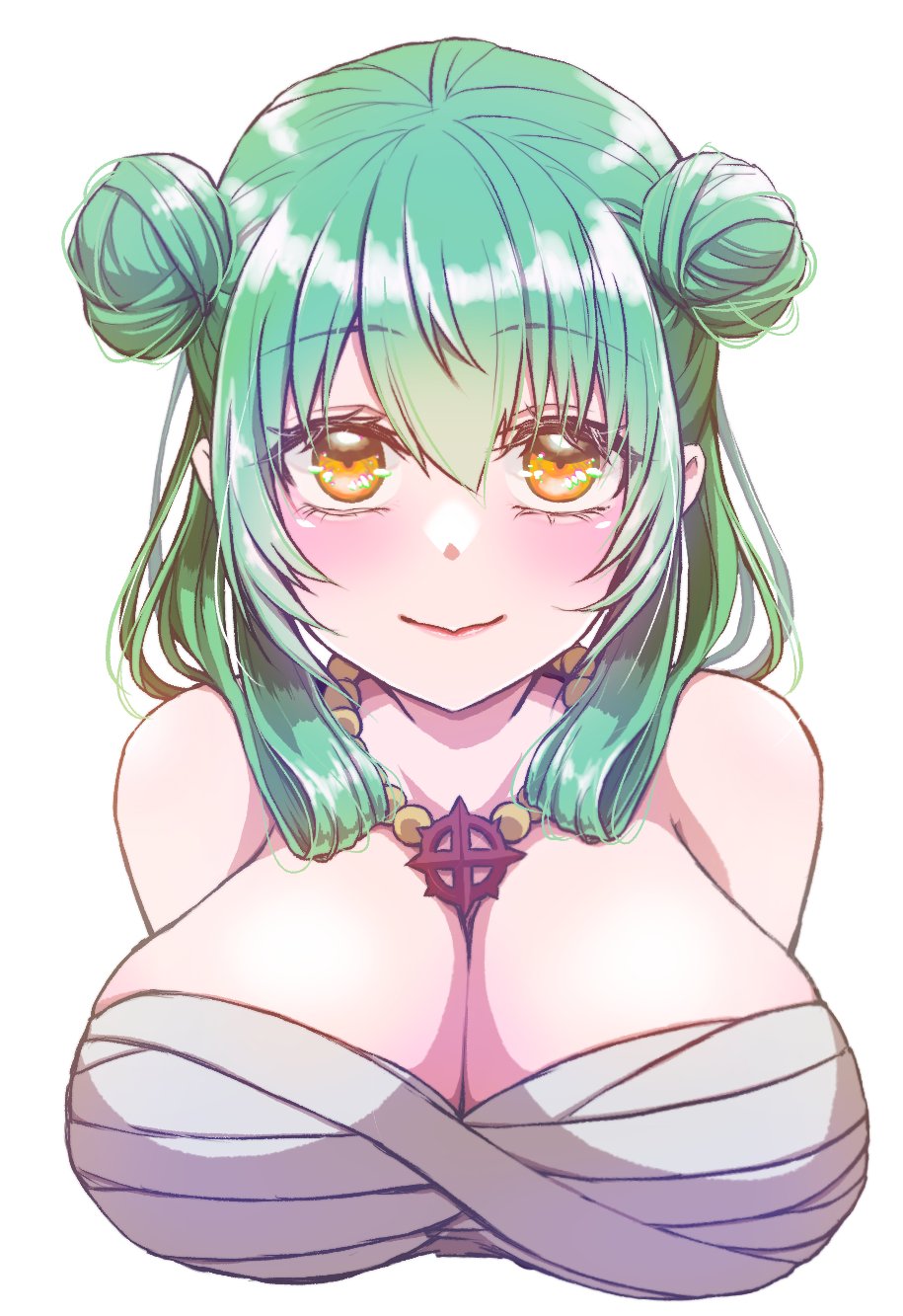 1girl, blush, breasts, chest_sarashi, cleavage, closed_mouth, commentary_request, cross