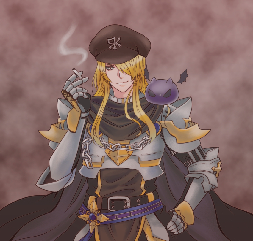 1boy, armor, belt, black_belt, black_cape, black_gloves, black_sclera, black_shirt