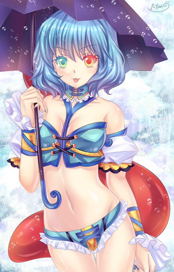 1girl, :p, alternate_costume, blue_hair, female_focus, heterochromia, karakasa_obake, midriff