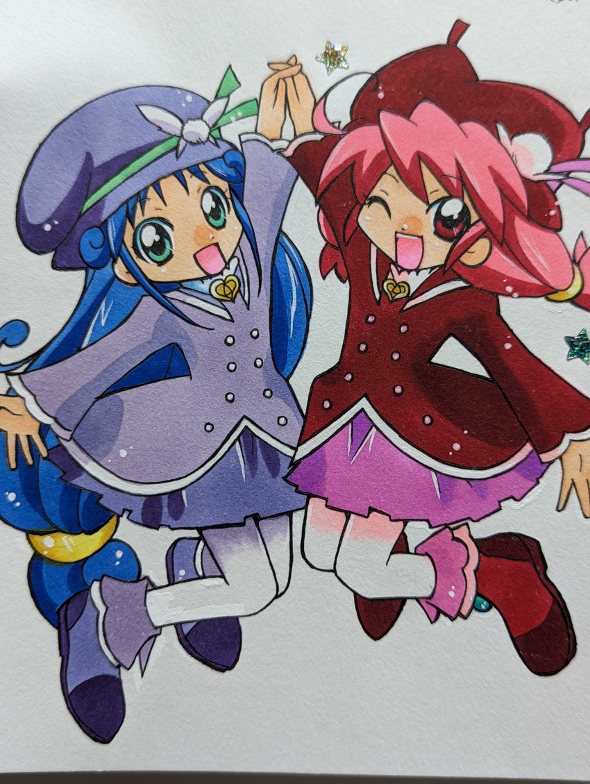 2girls, :d, ;d, absurdres, ahoge, ankle_boots, aqua_eyes, arm_up