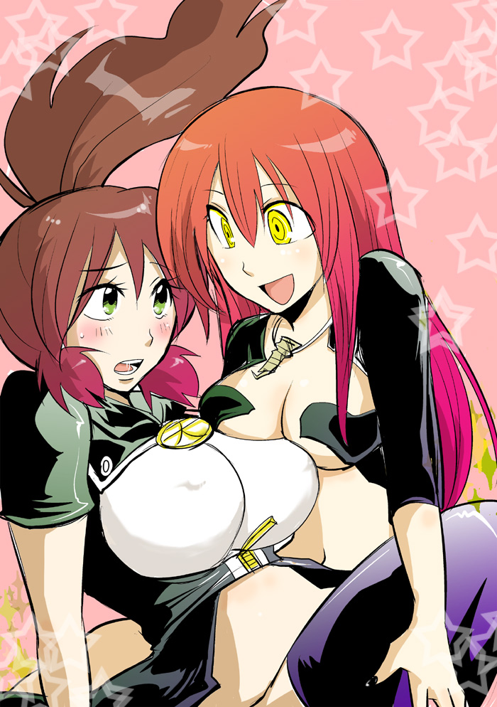 2girls, blush, breasts, brown_hair, cleavage, green_eyes, large_breasts, long_hair