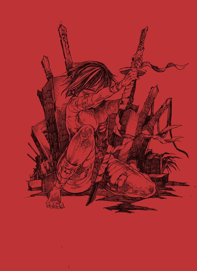 1boy, bandages, blood, junas, katana, male_focus, mankintan, monochrome