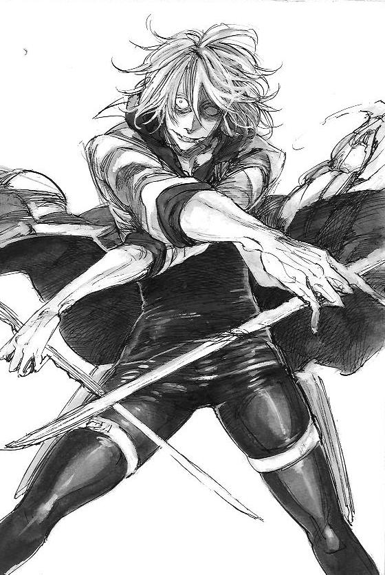 1boy, kise_eiji, male_focus, mankintan, monochrome, psyren, sketch, smile