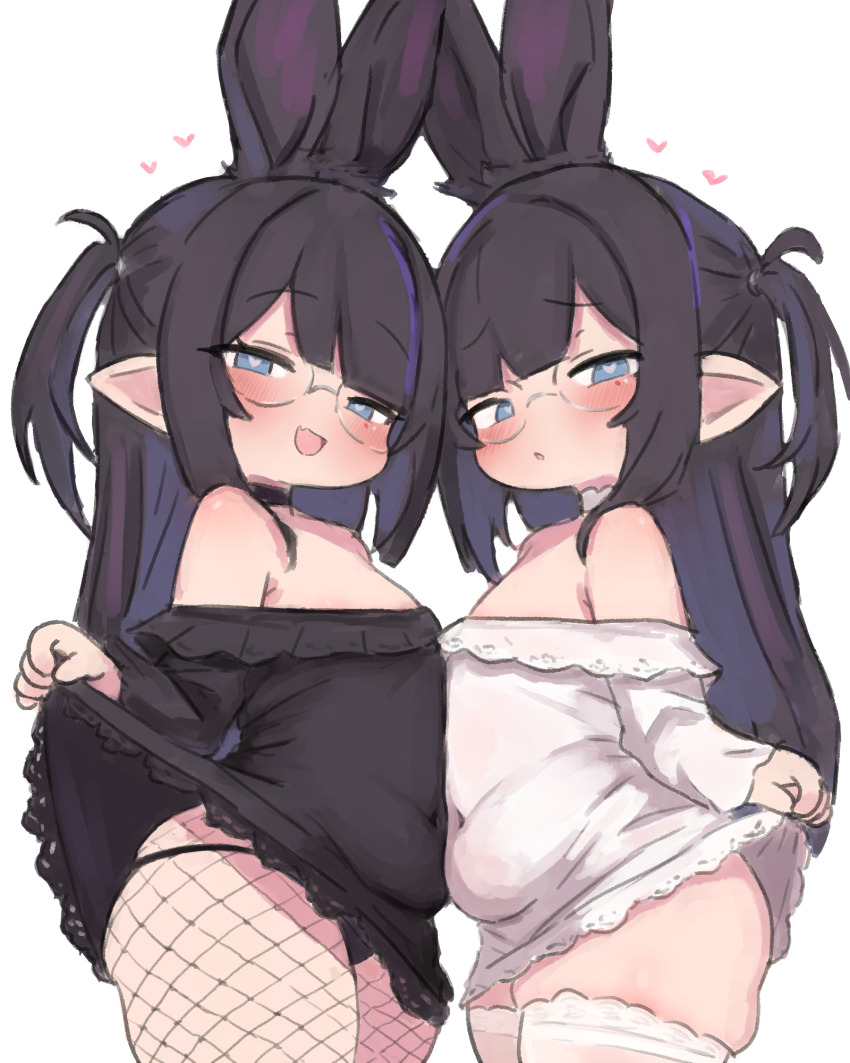 2girls, animal_ears, bare_shoulders, belly, belly-to-belly, black_dress, black_hair, black_panties