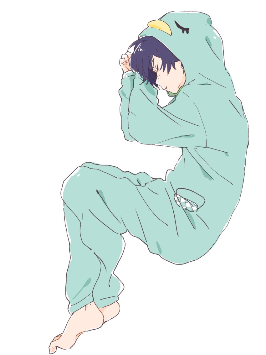 1boy, bandoutan, barefoot, blue_hair, closed_eyes, freckles, full_body, highres
