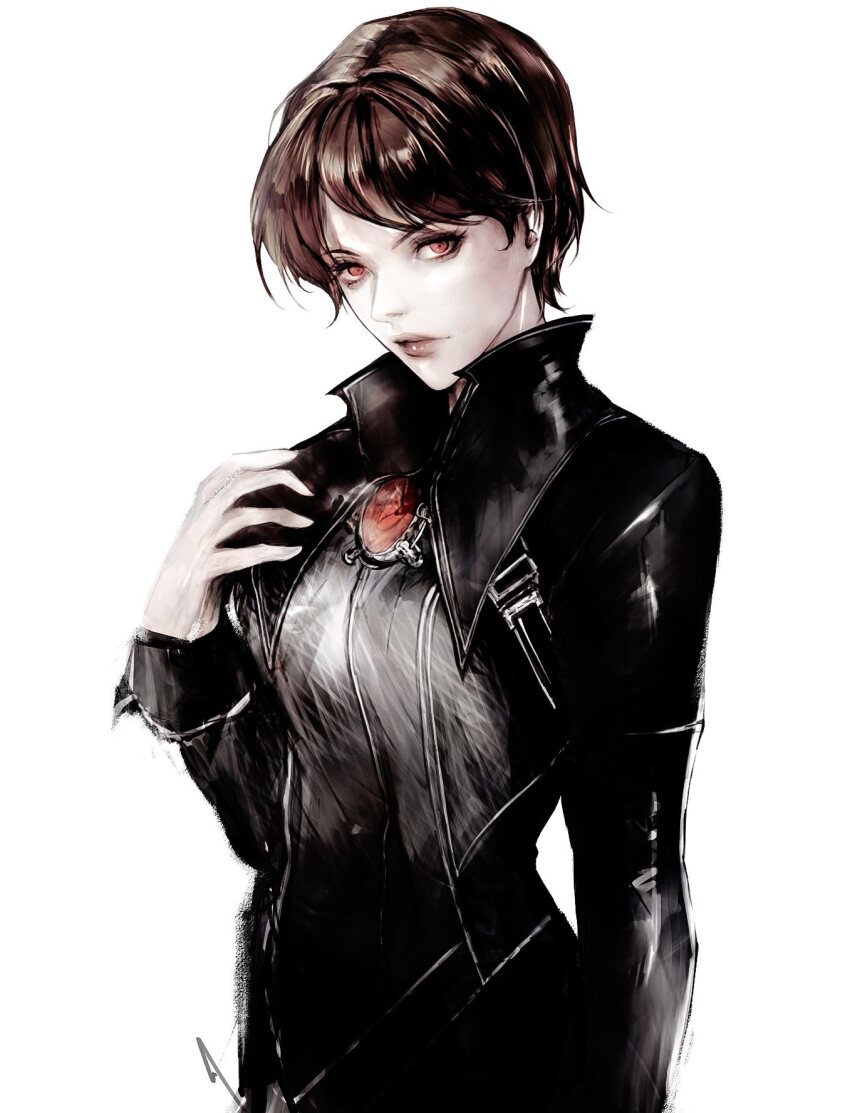 1girl, black_coat, brown_hair, closed_mouth, coat, commentary, english_commentary, gem