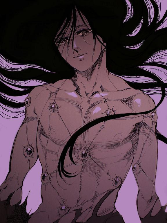 1boy, black_hair, long_hair, male_focus, mankintan, mochizuki_oboro, psyren, topless_male
