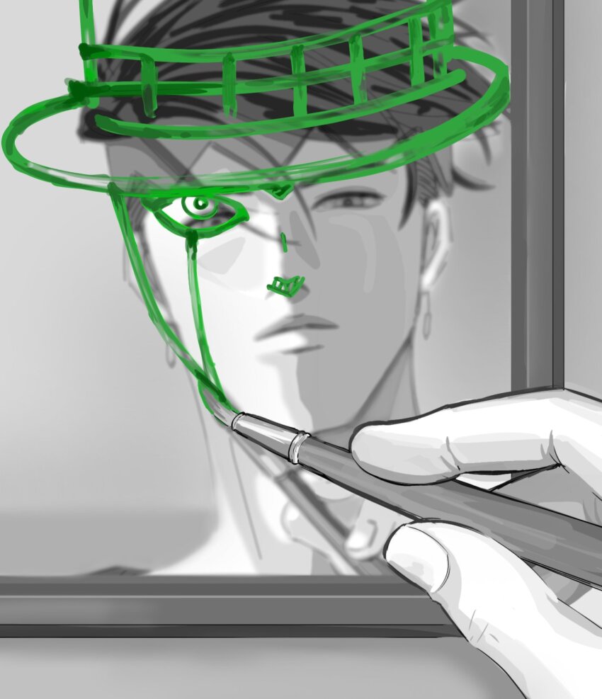 0teyawarakan1, 1boy, diamond_wa_kudakenai, drawing_on_mirrow, earrings, green_paint, greyscale, headband
