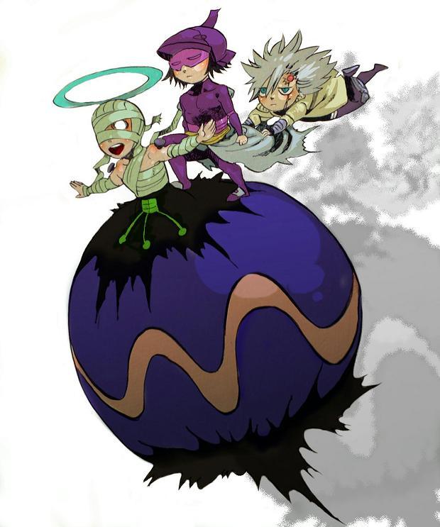 3boys, bandages, black_hair, chibi, delboro, flying, junas, male_focus