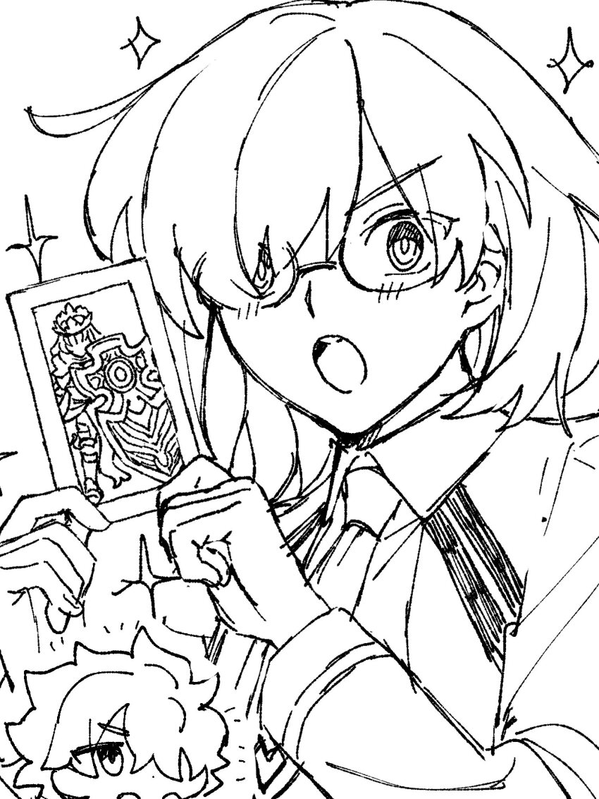 1boy, 1girl, card, chibi, chickenuma_0, fate/grand_order, fate_(series), galahad_(fate), glasses, hair_over_one_eye, highres, holding, holding_card, mash_kyrielight, mash_kyrielight_(chaldea_uniform), monochrome, necktie, sparkle