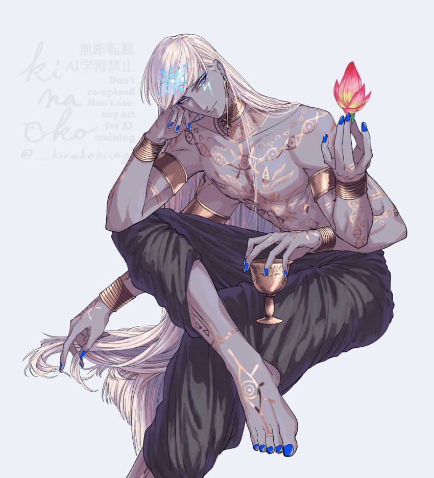 1boy, armlet, artist_name, bangle, barefoot, black_pants, blue_eyes, body_markings, bracelet, choker, crossed_legs, cup, extra_arms, fate/grand_order, fate_(series), figure_four_sitting, flower, foot_out_of_frame, gold_armlet, gold_choker, highres, hisagikinako, holding, holding_cup, holding_flower, indra_(fate), jewelry, light_smile, lightning_bolt_symbol, long_hair, looking_at_flowers, male_focus, nail_polish, pants, signature, sitting, solo, topless_male, very_long_hair, white_hair