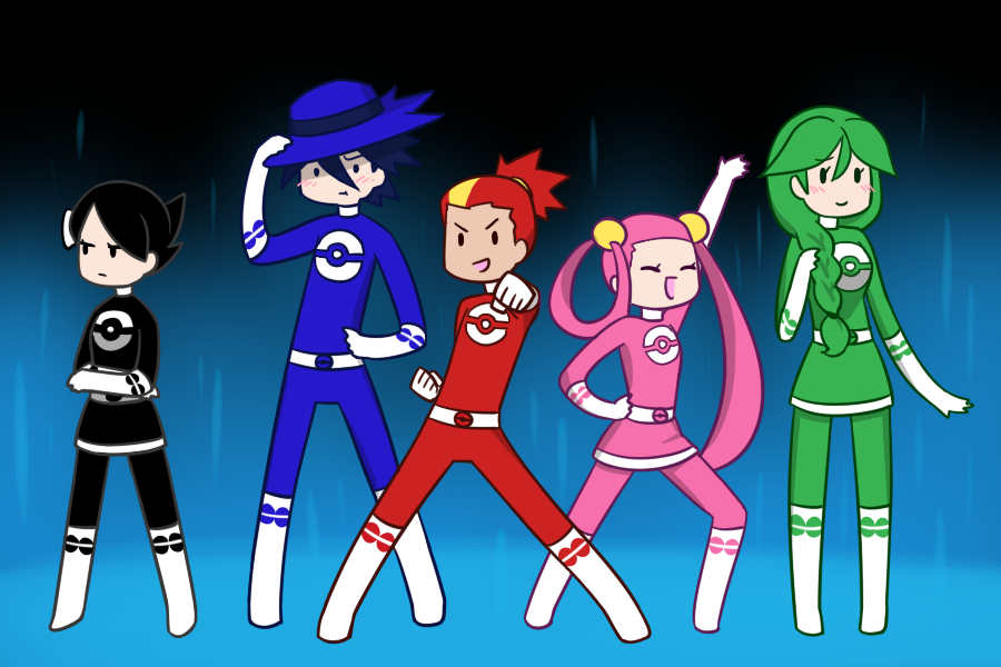 2boys, 3girls, artist_black, black-and-friends, black_hair, blue_hair, blush, bow, braid, buck_(pokemon), cheryl_(pokemon), chibi, green_hair, hair_ornament, hat, jumpsuit, long_hair, marley_(pokemon), md5_mismatch, mira_(pokemon), multicolored_hair, multiple_boys, multiple_girls, nintendo, o_o, parody, pink_hair, poke_ball, poke_ball_theme, pokemon, pokemon_diamond/pearl/platinum, ponytail, power_rangers, red_hair, riley_(pokemon), short_hair, super_sentai, tokusatsu