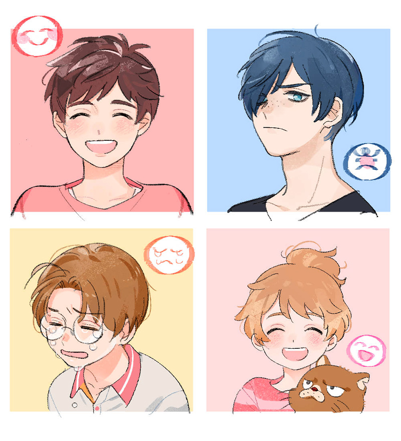 4boys, ^_^, angry, black_shirt, blue_eyes, blue_hair, blush, brown_cat