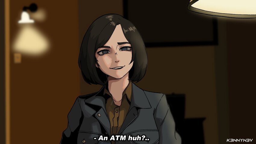 ..., 1girl, ?, anton_chigurh, artist_name, black_hair, black_pants, blue_eyes