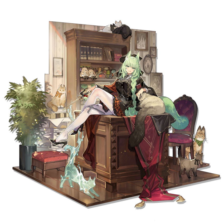 1girl, :q, animal_ears, arknights, black_cat, black_hat, book, bookshelf