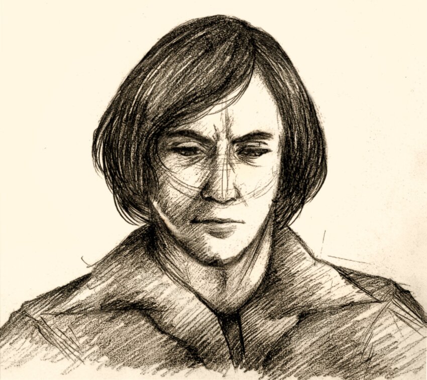 1boy, anton_chigurh, black_hair, closed_mouth, collar, commentary, english_commentary, expressionless